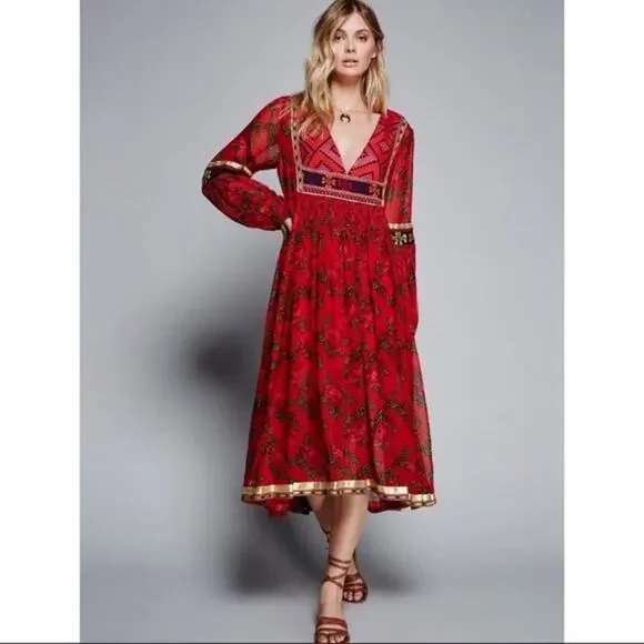 Free People Bold Blooms Embroidered Red Midi Dress - Picture 1 of 9